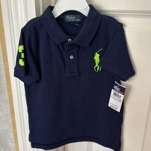 NWT Ralph Lauren Kids Polo Shirt in Navy Neon Green Big Pony Green Accents 24M